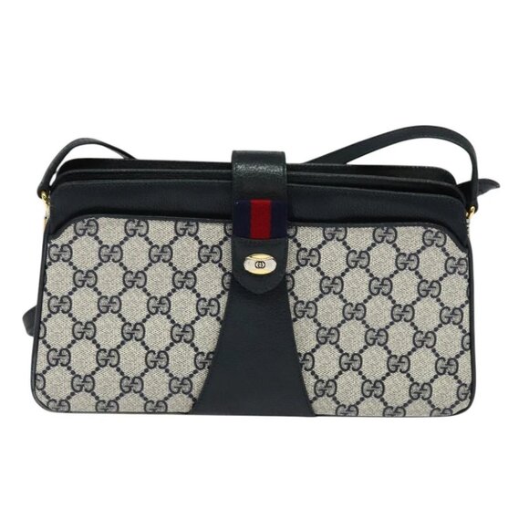 GUCCI GG Supreme Sherry Line Shoulder Bag PVC Navy Gold - Picture 2 of 14